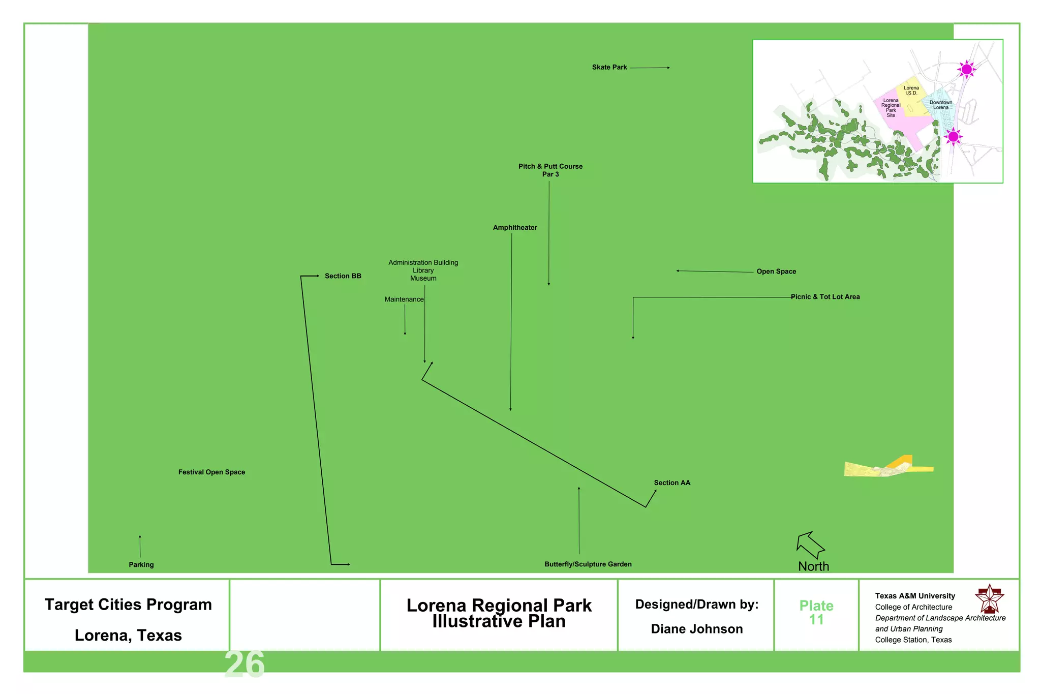 Lorena Regional Park Illustrative Plan North 11 Festival Open Space Section BB Section AA Maintenance Administration Building Library Museum Amphitheater Butterfly/Sculpture Garden Open Space Pitch & Putt Course Par 3 Skate Park Picnic & Tot Lot Area Parking 26 Lorena Regional Park Site Lorena I.S.D. Downtown Lorena 