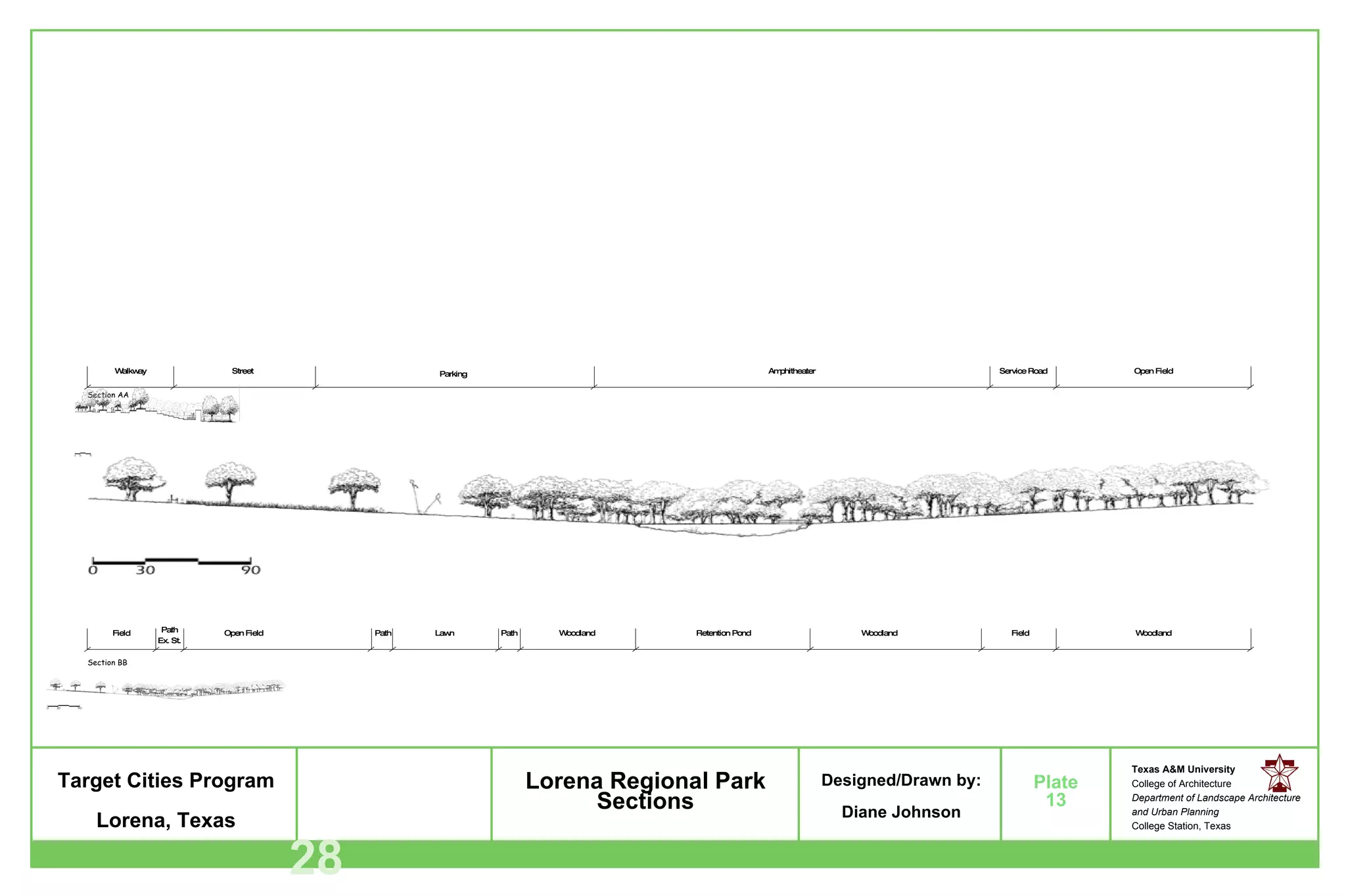 Lorena Regional Park Sections 13 28 Woodland Field Woodland Retention Pond Woodland Path Lawn Path Open Field Path Ex. St. Field Open Field Service Road Amphitheater Street Walkway Section BB Section AA Parking 