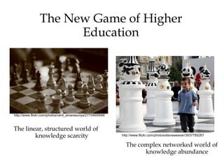 The New Game of Higher
                      Education




http://www.flickr.com/photos/ranil_amarasuriya/2770495948/



The linear, structured world of
        knowledge scarcity                                   http://www.flickr.com/photos/steveweaver/3937785267


                                                               The complex networked world of
                                                                     knowledge abundance
 