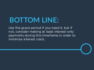 11
BOTTOM  LINE:
Use the grace period if you need it, but if
not, consider making at least interest-only
payments during this timeframe in order to
minimize interest costs.
 