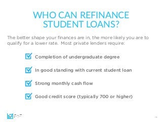 18
The better shape your ﬁnances are in, the more likely you are to
qualify for a lower rate. Most private lenders require:
Completion of undergraduate degree
In good standing with current student loan
Strong monthly cash ﬂow
Good credit score (typically 700 or higher)
WHO  CAN  REFINANCE    
STUDENT  LOANS?
 