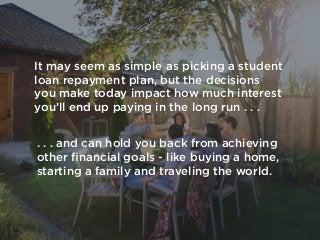 4
. . . and can hold you back from achieving
other ﬁnancial goals - like buying a home,
starting a family and traveling the world.
It may seem as simple as picking a student
loan repayment plan, but the decisions
you make today impact how much interest
you’ll end up paying in the long run . . .
 
