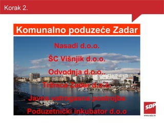 Korak 2. Komunalno poduzeće Zadar Nasadi d.o.o. ŠC Višnjik d.o.o. Odvodnja d.o.o.. Tržnica Zadar d.o.o. Javna vatrogasna postrojba Poduzetnički inkubator d.o.o 
