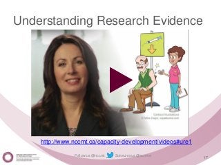Follow us @nccmt Suivez-nous @ccnmo
Understanding Research Evidence
http://www.nccmt.ca/capacity-development/videos#ure1
17
 