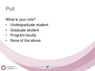 Follow us @nccmt Suivez-nous @ccnmo
Poll
What is your role?
• Undergraduate student
• Graduate student
• Program faculty
• None of the above
6
 