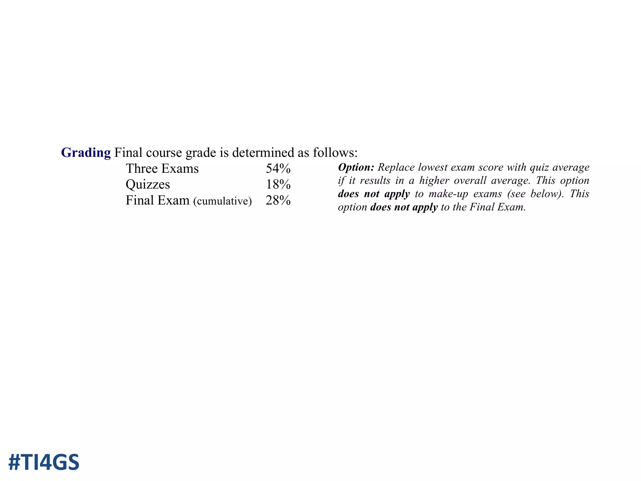 Textbook
! Chang and Goldsby, Chemistry, 11th
ed., McGraw-Hill: New York, 2013. Note that the
10th
edition is similar.
! Chapters 1 through 11 will be covered this semester
! The textbook should be viewed as the cornerstone of the course and should be used
extensively, not only as a source of practice problems, but also for additional and
alternate explanations of concepts covered in lecture.
! Do ALL assigned homework problems.
Grading Final course grade is determined as follows:
Three Exams
Quizzes
Final Exam (cumulative)
54%
18%
28%
Option: Replace lowest exam score with quiz average
if it results in a higher overall average. This option
does not apply to make-up exams (see below). This
option does not apply to the Final Exam.
Attendance
! Attendance will be taken periodically by passing a sign-in sheet around the classroom
and by the quizzes.
! It is quite unwise to assume you can keep up with this course by only reading the notes!
COME TO CLASS.
! If attendance drops off on Fridays, the quizzes will be moved from Wednesday to Friday.
Seating Chart
You are required to sit in your assigned seat for all exams and quizzes. This chart will be
posted on Course Documents section of Blackboard on September 3, 2013.
Exams (Seating Chart is in effect. Check Blackboard for this chart on September 3, 2013.)
Three Exams: Wednesday, Sept. 25; Wednesday, Oct. 30; Monday, Dec. 9
Final Exam: Wednesday, Dec. 18 11:30 am – 2:30 pm
YOU CANNOT TAKE THE FINAL EXAM AT ANY OTHER TIME ---- not during the
other General Chemistry Exams, not 3 hours late, not one day early, NOT AT ANY
#TI4GS
 