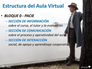 Estructura del Aula Virtual
• BLOQUE 0 - PACIE
– SECCIÓN DE INFORMACIÓN
sobre el curso, el tutor y la evaluación
– SECCIÓN DE COMUNICACIÓN
sobre el proceso y operatividad del aula
– SECCIÓN DE INTERACCIÓN
social, de apoyo y aprendizaje cooperativo
 