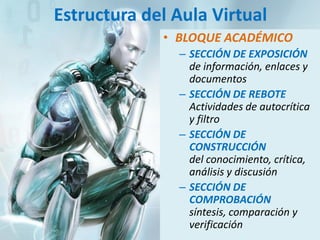 Estructura del Aula Virtual
• BLOQUE ACADÉMICO
– SECCIÓN DE EXPOSICIÓN
de información, enlaces y
documentos
– SECCIÓN DE REBOTE
Actividades de autocrítica
y filtro
– SECCIÓN DE
CONSTRUCCIÓN
del conocimiento, crítica,
análisis y discusión
– SECCIÓN DE
COMPROBACIÓN
síntesis, comparación y
verificación
 