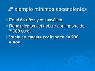 2º ejemplo mínimos ascendientes Edad 64 años y minusválido. Rendimientos del trabajo por importe de 7.000 euros. Venta de madera por importe de 900 euros. 