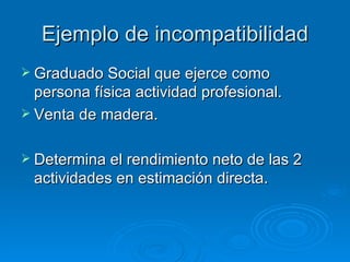 Ejemplo de incompatibilidad Graduado Social que ejerce como persona física actividad profesional. Venta de madera. Determina el rendimiento neto de las 2 actividades en estimación directa. 