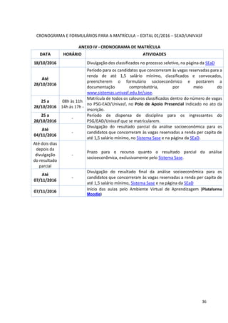 36
CRONOGRAMA E FORMULÁRIOS PARA A MATRÍCULA – EDITAL 01/2016 – SEAD/UNIVASF
ANEXO IV - CRONOGRAMA DE MATRÍCULA
DATA HORÁRIO ATIVIDADES
18/10/2016 Divulgação dos classificados no processo seletivo, na página da SEaD
Até
28/10/2016
Período para os candidatos que concorreram às vagas reservadas para a
renda de até 1,5 salário mínimo, classificados e convocados,
preencherem o formulário socioeconômico e postarem a
documentação comprobatória, por meio do
www.sistemas.univasf.edu.br/sase.
25 a
28/10/2016
08h às 11h
14h às 17h -
Matrícula de todos os calouros classificados dentro do número de vagas
no PSG-EAD/Univasf, no Polo de Apoio Presencial indicado no ato da
inscrição.
25 a
28/10/2016
-
Período de dispensa de disciplina para os ingressantes do
PSG/EAD/Univasf que se matricularem.
Até
04/11/2016
-
Divulgação do resultado parcial da análise socioeconômica para os
candidatos que concorreram às vagas reservadas a renda per capita de
até 1,5 salário mínimo, no Sistema Sase e na página da SEaD.
Até dois dias
depois da
divulgação
do resultado
parcial
-
Prazo para o recurso quanto o resultado parcial da análise
socioeconômica, exclusivamente pelo Sistema Sase.
Até
07/11/2016
-
Divulgação do resultado final da análise socioeconômica para os
candidatos que concorreram às vagas reservadas a renda per capita de
até 1,5 salário mínimo, Sistema Sase e na página da SEaD
07/11/2016 Início das aulas pelo Ambiente Virtual de Aprendizagem (Plataforma
Moodle)
 