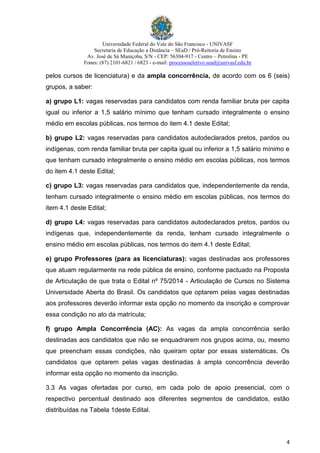 Universidade Federal do Vale do São Francisco - UNIVASF
Secretaria de Educação a Distância – SEaD / Pró-Reitoria de Ensino
Av. José de Sá Maniçoba, S/N - CEP: 56304-917 - Centro – Petrolina - PE
Fones: (87) 2101-6821 / 6823 - e-mail: processoseletivo.sead@univasf.edu.br
4
pelos cursos de licenciatura) e da ampla concorrência, de acordo com os 6 (seis)
grupos, a saber:
a) grupo L1: vagas reservadas para candidatos com renda familiar bruta per capita
igual ou inferior a 1,5 salário mínimo que tenham cursado integralmente o ensino
médio em escolas públicas, nos termos do item 4.1 deste Edital;
b) grupo L2: vagas reservadas para candidatos autodeclarados pretos, pardos ou
indígenas, com renda familiar bruta per capita igual ou inferior a 1,5 salário mínimo e
que tenham cursado integralmente o ensino médio em escolas públicas, nos termos
do item 4.1 deste Edital;
c) grupo L3: vagas reservadas para candidatos que, independentemente da renda,
tenham cursado integralmente o ensino médio em escolas públicas, nos termos do
item 4.1 deste Edital;
d) grupo L4: vagas reservadas para candidatos autodeclarados pretos, pardos ou
indígenas que, independentemente da renda, tenham cursado integralmente o
ensino médio em escolas públicas, nos termos do item 4.1 deste Edital;
e) grupo Professores (para as licenciaturas): vagas destinadas aos professores
que atuam regularmente na rede pública de ensino, conforme pactuado na Proposta
de Articulação de que trata o Edital nº 75/2014 - Articulação de Cursos no Sistema
Universidade Aberta do Brasil. Os candidatos que optarem pelas vagas destinadas
aos professores deverão informar esta opção no momento da inscrição e comprovar
essa condição no ato da matrícula;
f) grupo Ampla Concorrência (AC): As vagas da ampla concorrência serão
destinadas aos candidatos que não se enquadrarem nos grupos acima, ou, mesmo
que preencham essas condições, não queiram optar por essas sistemáticas. Os
candidatos que optarem pelas vagas destinadas à ampla concorrência deverão
informar esta opção no momento da inscrição.
3.3 As vagas ofertadas por curso, em cada polo de apoio presencial, com o
respectivo percentual destinado aos diferentes segmentos de candidatos, estão
distribuídas na Tabela 1deste Edital.
 