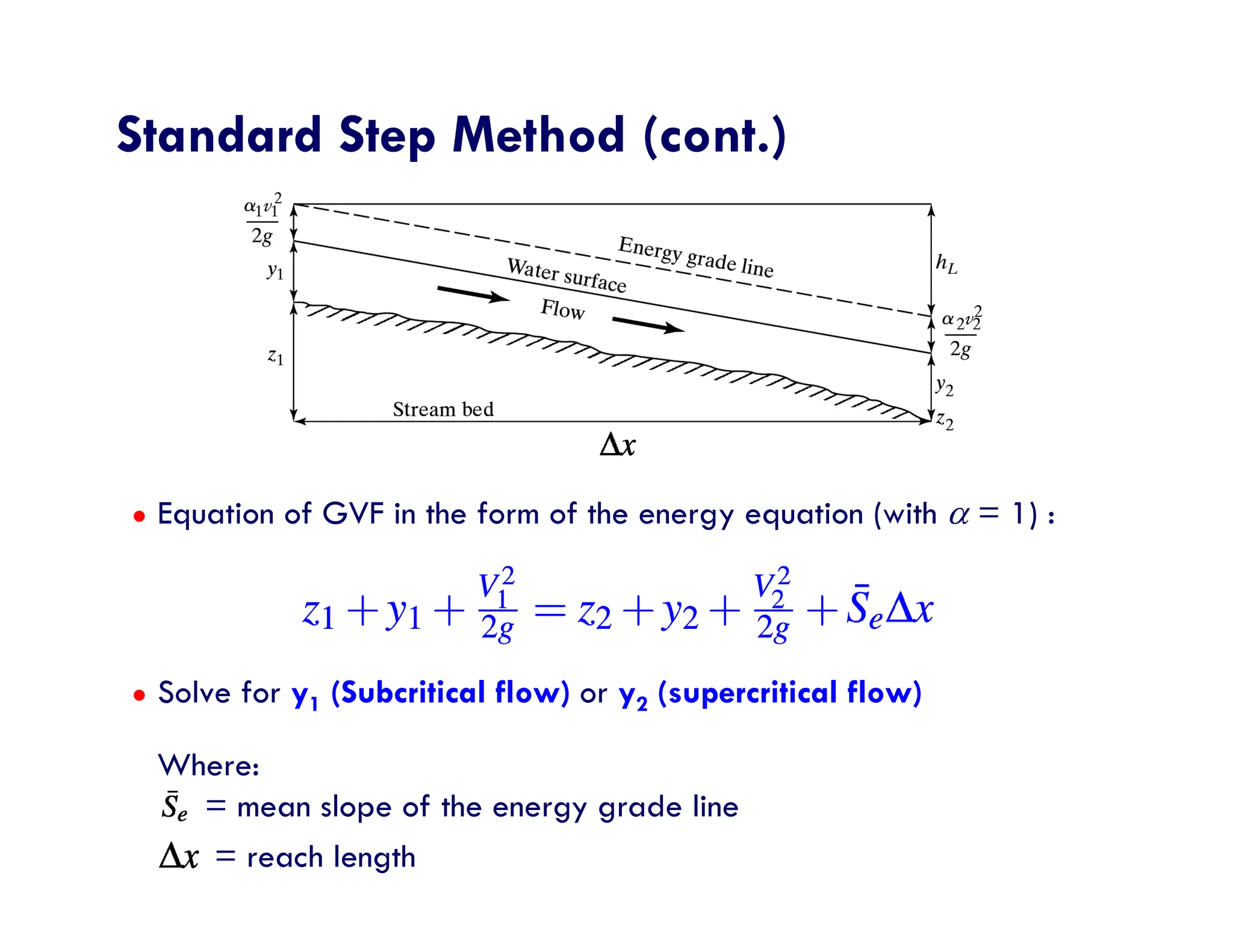 Standard Step Method (cont.)
● Equation of GVF in the form of the energy equation (with  = 1) :
● Solve for y1 (Subcritical flow) or y2 (supercritical flow)
Where:
= mean slope of the energy grade line
= reach length
 