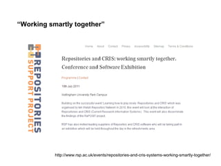 http://www.rsp.ac.uk/events/repositories-and-cris-systems-working-smartly-together/
“Working smartly together”