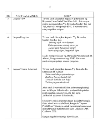 BIL ATUR CARA MAJLIS SKRIP
5. Ucapan YDP Terima kasih diucapkan kepada Yg Berusaha Yg
Berusaha Ustaz Mohd Sharif bin Said. Seterusnya
majlis mempersilakan Yg. Berusaha Saudari Tan Lai
Yee, mewakli para pelajar SMK Cochrane untuk
menyampaikan ucapan.
6. Ucapan Pengetua Terima kasih diucapkan kepada Yg. Berusaha
Saudari Tan Lai Yee.
Bintang tujuh sinar berseri
Bulan purnama datang menerpa
Ajaran guru hendaklah dicari
Mana yang dapat janganlah lupa
Majlis mempersilakan Yg. Berusaha Pn Shamshiah bt.
Ahmad, Pengetua cemerlang SMK. Cochrane
untuk menyampaikan amanat pengetua.
7. Ucapan Tetamu Kehormat Terima kasih diucapkan kepada Yg. Berusaha Pn
Shamshiah bt. Ahmad
Subur tumbuhnya pohon kelapa
Buahnya banyak bertali-tali
Turutlah kata ibu dan bapa
Takbur jangan sekali-kali
Anak-anak Cochrane sekalian, dalam mengharungi
arus kehidupan di hari muka, sentiasalah ingat dan
patuh segala pesanan ayah , ibu dan guru.
Jadikanlah pedoman di hari muka.
Seterusnya majlis mempersilakan Yang Berbahagia,
Dato Johari bin Abdul Ghani, Pengarah Yayasan
Pendidikan Titiwangsa untuk menyampaikan ucapan
dan seterusnya merasmikan Majlis Graduasi SMK
Cochrane 2008.
Dengan segala hormatnya dipersilakan.
2
 