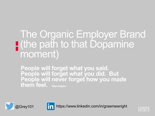 People will forget what you said.
People will forget what you did. But
People will never forget how you made
them feel. Maya Angelou
The Organic Employer Brand
(the path to that Dopamine
moment)
@Grey101 https://www.linkedin.com/in/graemewright
 
