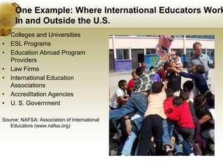 One Example: Where International Educators Work
     In and Outside the U.S.
• Colleges and Universities
• ESL Programs
• Education Abroad Program
  Providers
• Law Firms
• International Education
  Associations
• Accreditation Agencies
• U. S. Government

Source: NAFSA: Association of International
   Educators (www.nafsa.org)
 