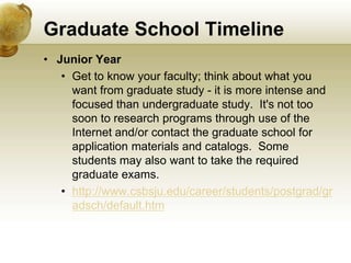 Graduate School Timeline
• Junior Year
   • Get to know your faculty; think about what you
     want from graduate study - it is more intense and
     focused than undergraduate study. It's not too
     soon to research programs through use of the
     Internet and/or contact the graduate school for
     application materials and catalogs. Some
     students may also want to take the required
     graduate exams.
   • http://www.csbsju.edu/career/students/postgrad/gr
     adsch/default.htm
 