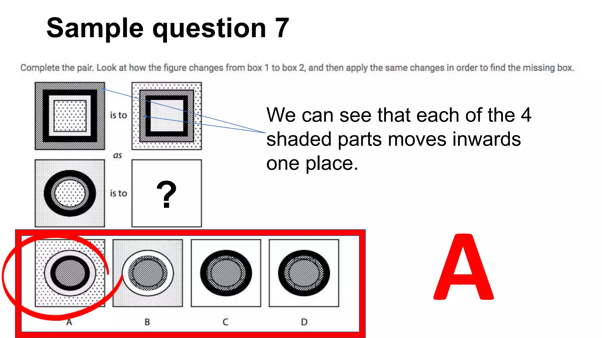 Sample question 7
?
We can see that each of the 4
shaded parts moves inwards
one place.
A
 