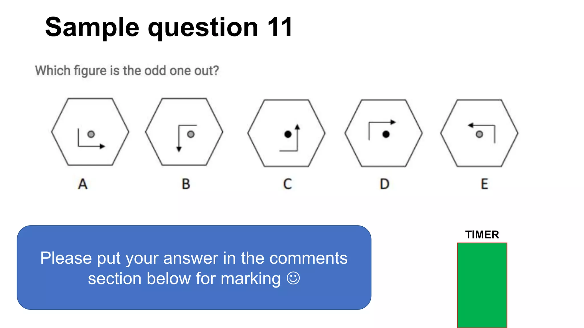 Sample question 11
Please put your answer in the comments
section below for marking 
TIMER
 