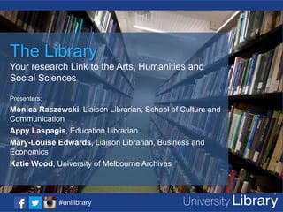 Click to add title
The Library
Your research Link to the Arts, Humanities and
Social Sciences add text
• click to
Presenters:

Monica Raszewski, Liaison Librarian, School of Culture and
Communication
Appy Laspagis, Education Librarian
Mary-Louise Edwards, Liaison Librarian, Business and
Economics
Katie Wood, University of Melbourne Archives

#unilibrary

 