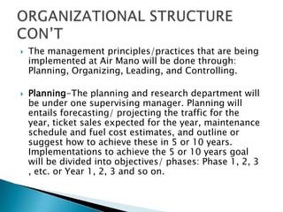  The management principles/practices that are being
implemented at Air Mano will be done through:
Planning, Organizing, Leading, and Controlling.
 Planning-The planning and research department will
be under one supervising manager. Planning will
entails forecasting/ projecting the traffic for the
year, ticket sales expected for the year, maintenance
schedule and fuel cost estimates, and outline or
suggest how to achieve these in 5 or 10 years.
Implementations to achieve the 5 or 10 years goal
will be divided into objectives/ phases: Phase 1, 2, 3
, etc. or Year 1, 2, 3 and so on.
 