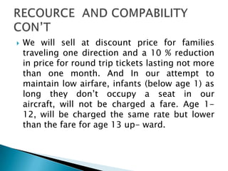  We will sell at discount price for families
traveling one direction and a 10 % reduction
in price for round trip tickets lasting not more
than one month. And In our attempt to
maintain low airfare, infants (below age 1) as
long they don’t occupy a seat in our
aircraft, will not be charged a fare. Age 1-
12, will be charged the same rate but lower
than the fare for age 13 up- ward.
 