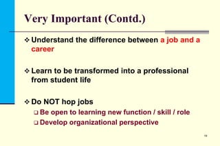 Very Important (Contd.)
 Understand the difference between a job and a

career
 Learn to be transformed into a professional

from student life
 Do NOT hop jobs
 Be

open to learning new function / skill / role
 Develop organizational perspective
19

 