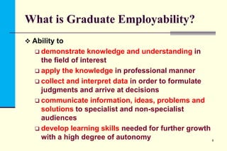 What is Graduate Employability?
 Ability to
 demonstrate

knowledge and understanding in
the field of interest
 apply the knowledge in professional manner
 collect and interpret data in order to formulate
judgments and arrive at decisions
 communicate information, ideas, problems and
solutions to specialist and non-specialist
audiences
 develop learning skills needed for further growth
with a high degree of autonomy

8

 
