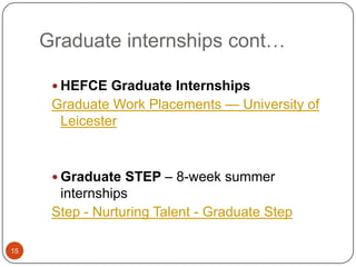 Graduate internships cont…

       HEFCE Graduate Internships
      Graduate Work Placements — University of
       Leicester



       Graduate STEP – 8-week summer
       internships
      Step - Nurturing Talent - Graduate Step

15
 
