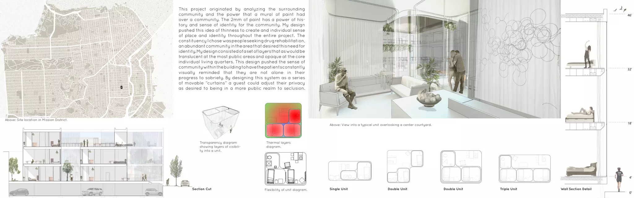Above: Site location in Mission District.
Transparency diagram
showing layers of visibili-
ty into a unit.
Thermal layers
diagram.
Flexibility of unit diagram.
Above: View into a typical unit overlooking a center courtyard.
Single UnitSection Cut Double Unit Double Unit Triple Unit Wall Section Detail
This project originated by analyzing the surrounding
community and the power that a mural of paint had
over a community. The 2mm of paint has a power of his-
tory and sense of identity for the community. My design
pushed this idea of thinness to create and individual sense
of place and identity throughout the entire project. The
constituency Ichose waspeopleseekingdrugrehabilitation,
anabundantcommunityintheareathatdesiredthisneedfor
identity.Mydesignconsistedofasetoflayersthataswouldbe
translucent at the most public areas and opaque at the core
individual living quarters. This design pushed the sense of
communitywithinthebuildingtohavethepatientsconstantly
visually reminded that they are not alone in their
progress to sobriety. By designing this system as a series
of movable “curtains” a guest could adjust their privacy
as desired to being in a more public realm to seclusion.
 