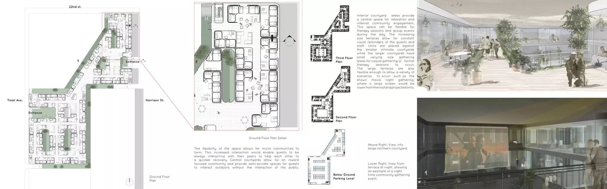 UP
UP
UPUP
UP
DN
DN
DN
DN
DNDN
UP
Ground Floor
Plan
Third Floor
Plan
Second Floor
Plan
Below Ground
Parking Level
Entrance
Harrison St.
22nd st.
Treat Ave.
Entrance
Ground Floor Plan Detail
Above Right: View into
large northern courtyard.
Lower Right: View from
terrace at night, showing
an example of a night
time community gathering
event.
The flexibility of the space allows for micro communities to
form. This increased interaction would enable guests to be
always interacting with their peers to help each other to
a quicker recovery. Central courtyards allow for an inward
focused community and provide semi-private spaces for guests
to interact outdoors without the interaction of the public.
Interior courtyard areas provide
a central space for relaxation and
internal community engagement.
This space can be flexible for
therapy sessions and group events
during the day. The increasing
size terraces allow for constant
visual reminders of the guests and
staff. Units are placed against
the smaller intimate courtyards
while the larger courtyards have
small varying size gathering
areas for casual gathering or formal
therapy sessions to occur.
The large terraces are also
flexible enough to allow a variety of
scenarios to occur such as the
shown movie night gathering,
where a large screen would be
lowerfromtheroofandprojectedonto.
 