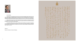 4 5
	 Dear Graduates,
	 At this time you are graduating from the School of Fine Arts at the Mongolian State University of Arts and
Culture, being majored in a delicate profession of a painter and an artist. A complicated and full of intricacies, but
also a unique, happy and hardworking life of an artist is ahead of you. There’s no doubt that you will overcome
complexity of life and become well-known artists who will glory the name of our country by your artworks globally.
	 Today the time has come to you to work, create, and serve for your homeland. Learning does not finish as
you graduate from the university; it goes on when you are on your path of further work, art creation and learning
in a “life school”, which are all for human perfection.
	 Your parents, professors and your nation, who seek not only to educate you, but to make you a good per-
son, truly believe that you will become a shining star in the art world of your country. We wish you, our graduates
and young artists, who are taking your first steps into the art world, to become creators of the best and unique
master-pieces in the world!
Gantumur L.
Minister for Education and Science of Mongolia
 