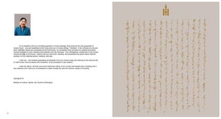 6 7
	 If it is possible to find out something general in human ideology, that would be the only guarantee of
human future – arts and aesthetics which may exist only in human beings. Therefore, in the universe of a human
spirit, aesthetic issues are considered as the first priority. Our ancestors have enriched our national and ethnic
cultural heritages by their creations and artworks over the centuries. Thus, Mongolians’ contribution to the human
cultural heritage is enormous. I believe that you will enrich, develop, and perpetuate this great culture intercon-
necting it to this historical period, creativity, and arts.
	 I wish you – the students graduating successfully from your school today and entering to the holly journey
to craft human mind by beauty and humanism, to be successful in your artwork.
	 I wish the nature, animals, proud and instructive history of our country and people have a leading role in
your artworks and I want you to emphasize to retain through the arts the common values of humanity.
Oyungerel Ts.
Minister of Culture, Sports, and Tourism of Mongolia
 