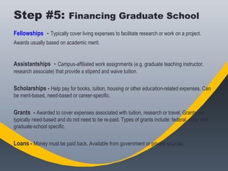 Step #5: Financing Graduate School
Fellowships - Typically cover living expenses to facilitate research or work on a proje...
