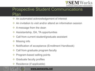 www.semworks.net
Prospective Student Communications
Plan
 An automated acknowledgement of interest
 An invitation to visit and/or attend an information session
 A message from the dean
 Assistantship, GA, TA opportunities
 Call from current student/graduate assistant
 Missing info
 Notification of acceptance (Enrollment Handbook)
 Call from graduate program faculty
 Program-based selling points
 Graduate faculty profiles
 Residence (if applicable)
 