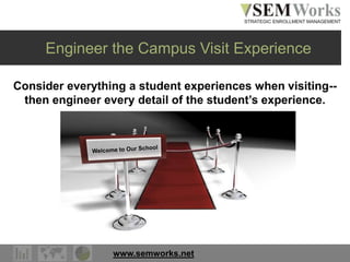 www.semworks.net
Engineer the Campus Visit Experience
Consider everything a student experiences when visiting--
then engineer every detail of the student’s experience.
 