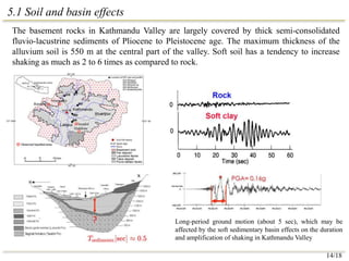 5.1 Soil and basin effects
Long-period ground motion (about 5 sec), which may be
affected by the soft sedimentary basin effects on the duration
and amplification of shaking in Kathmandu Valley
The basement rocks in Kathmandu Valley are largely covered by thick semi-consolidated
fluvio-lacustrine sediments of Pliocene to Pleistocene age. The maximum thickness of the
alluvium soil is 550 m at the central part of the valley. Soft soil has a tendency to increase
shaking as much as 2 to 6 times as compared to rock.
14/18
 