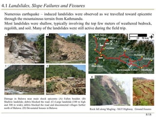 4.1 Landslides, Slope Failures and Fissures
Damage in Baluwa near main shock epicentre (A) Fallen boulder. (B)
Shallow landslide; debris blocked the road. (C) Large landslide (100 m high
and 300 m wide); debris blocked the road and disconnected villages further
north of Baluwa. (D) Devastated houses in Baluwa
Numerous earthquake – induced landslides were observed as we travelled toward epicentre
through the mountainous terrain from Kathmandu.
Most landslides were shallow, typically involving the top few meters of weathered bedrock,
regolith, and soil. Many of the landslides were still active during the field trip.
E
Melamchi
Bidur
Gorkha
Besi-Sahar
Baluwa
Mw 7.8
Bharatpur
Kathmandu Valley Dhulikhel
Dolalghat
0 25 50 km
C&D
B
A
E
N
Rock fall along Mugling –NGT Highway Ground fissures
8/18
 