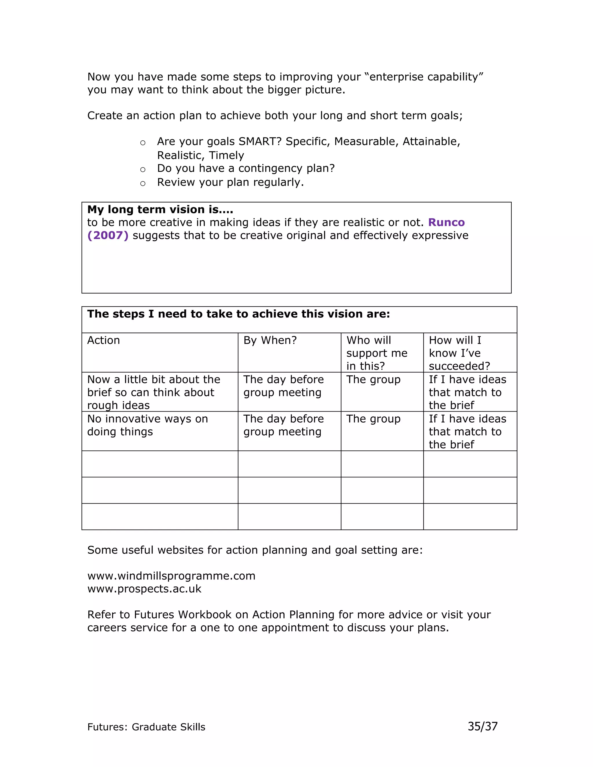 Now you have made some steps to improving your “enterprise capability”
you may want to think about the bigger picture.

Create an action plan to achieve both your long and short term goals;

          o   Are your goals SMART? Specific, Measurable, Attainable,
              Realistic, Timely
          o   Do you have a contingency plan?
          o   Review your plan regularly.

My long term vision is….
to be more creative in making ideas if they are realistic or not. Runco
(2007) suggests that to be creative original and effectively expressive




The steps I need to take to achieve this vision are:

Action                       By When?           Who will         How will I
                                                support me       know I’ve
                                                in this?         succeeded?
Now a little bit about the   The day before     The group        If I have ideas
brief so can think about     group meeting                       that match to
rough ideas                                                      the brief
No innovative ways on        The day before     The group        If I have ideas
doing things                 group meeting                       that match to
                                                                 the brief




Some useful websites for action planning and goal setting are:

www.windmillsprogramme.com
www.prospects.ac.uk

Refer to Futures Workbook on Action Planning for more advice or visit your
careers service for a one to one appointment to discuss your plans.




Futures: Graduate Skills                                                35/37
 