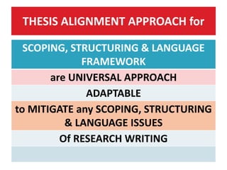 THESIS ALIGNMENT APPROACH for
SCOPING, STRUCTURING & LANGUAGE
FRAMEWORK
are UNIVERSAL APPROACH
ADAPTABLE
to MITIGATE any SCOPING, STRUCTURING
& LANGUAGE ISSUES
Of RESEARCH WRITING
 