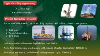 Types of drilling rig (offshore)
For most offshore wells, the types of rig required will fall into one of three groups
 Jack-ups
 Semi-Submersibles
 Drill Ships
Drill ships are used to drill the well in deep water ( up to 7000 ft. )
Semi-Submersibles are used mostly in the range of water depths from 100-600 m.
Jack-ups – where the water depth is less than 100m
Types of drilling rig (onshore)
 Conventional rigs
 Mobile rigs
 