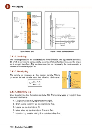 103 Graduation Project 2020
Well Logging
3.4.3.2. Sonic log
The sonic log measures the speed of sound in the formation. The log presents slowness,
Δt, which is converted to sonic porosity, assuming lithology, fluid slowness, and the proper
sonic porosity transform. The most common, but not necessarily the most accurate, is
the WYLIE time average (WTA)
3.4.3.3. Density log
The density log measures ρe
,the electron density. This is
converted to bulk density using the following relationship
3.4.3.4. Resistivity log
Used to determine true formation resistivity (Rt), There many types of resistivity logs,
they are listed below:
A.		 Long normal resistivity log for determining Rt.
B.		 Short normal resistivity log for determining Rxo.
C.	 Lateral log for determining Rt.
D.	 Micro latero log for determining Rmc and Rxo.
E.		 Induction log for determining Rt in resistive drilling fluid.
Figure 7 sonic tool Figure 8 sonic tool mechanism
 