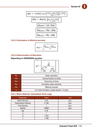 Graduation Project 2020
Section 03
106
3.6.2.3 Calculation of effective porosity
3.6.2.4 Determination of Saturation
Depending on INDONESIA equation
Sw Water saturation
Vsh Volume fraction of shale
Rsh Resistivity of shale
Rw Formation water resistivity
Øe Effective porosity
a For clean formation usually equals 1 in sand
3.6.3. Basic Data for Calculation from Logs
Parameter Value Unit
Matrix Density 2.65 g/cc
Hydrocarbon Density 0.168 g/cc
Fluid Density 1 g/cc
Salinity 44560 ppm
Sgr 0.38  
a 1  
m 1.622  
n 1.785  
 