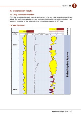 Graduation Project 2020
Section 03
110
3.7 Interpretation Results
3.7.1 Pay zone determination:
From the crossover between neutron and density logs, gas zone is detected as shown
below. To verify the selected zones, resistivity log is checked which displays high
resistivity opposite to the selected zone indicating presence of HC “gas”
For well Simian-01
 