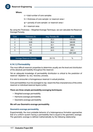157 Graduation Project 2020
Reservoir Engineering
	 Where:
n = total number of core samples
hi = thickness of core sample i or reservoir area i
φi = porosity of core sample i or reservoir area i
Ai = reservoir area
By using the Thickness – Weighted Average Technique, we can calculate the Reservoir
Average Porosity.
Core Thickness (h) Avg. Porosity (Ø) Øi*hi
1 7.85 25.3 198.605
2 9.85 35.4 348.69
3 6.5 32.1 208.65
4 10 28.5 285
5 9.8 24.5 240.1
  44   1281.045
Average Reservoir Porosity 29.115 %
4.14.1.2 Permeability
The most difficult reservoir properties to determine usually are the level and distribution
of the absolute permeability throughout the reservoir.
Yet an adequate knowledge of permeability distribution is critical to the prediction of
reservoir depletion by any recovery process.
It is rare to encounter a homogeneous reservoir in actual practice.
Core permeabilities must be averaged to rep- resent the flow characteristics of the entire
reservoir or individual reservoir layers (units).
There are three simple permeability-averaging techniques:
•	 Weighted-average permeability
•	 Harmonic-average permeability
•	 Geometric-average permeability
We will use Geometric-average permeability
Geometric-average permeability
Experimentally, the most probable behavior of a heterogeneous formation approaches
that of a uniform system having a permeability that is equal to the geometric average.
The geometric average is defined mathematically by the following relationship:
 