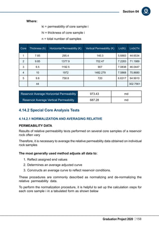 Graduation Project 2020 158
Section 04
Where:
ki = permeability of core sample i
hi = thickness of core sample i
n = total number of samples
Core Thickness (h) Horizontal Permeability (K) Vertical Permeability (K) Ln(Ki) Ln(ki)*hi
1 7.85 295.4 140.3 5.6883 44.6534
2 9.85 1377.9 702.47 7.2283 71.1989
3 6.5 1192.5 907 7.0838 46.0447
4 10 1972 1482.279 7.5868 75.8680
5 9.8 758.8 720 6.6317 64.9910
  44       302.7561
Reservoir Average Horizontal Permeability 973.43 md
Reservoir Average Vertical Permeability 687.28 md
4.14.2 Special Core Analysis Tests
4.14.2.1 NORMALIZATION AND AVERAGING RELATIVE
PERMEABILITY DATA
Results of relative permeability tests performed on several core samples of a reservoir
rock often vary
Therefore, it is necessary to average the relative permeability data obtained on individual
rock samples
The most generally used method adjusts all data to:
1.	Reflect assigned end values
2.	Determines an average adjusted curve
3.	Constructs an average curve to reflect reservoir conditions.
These procedures are commonly described as normalizing and de-normalizing the
relative permeability data.
To perform the normalization procedure, it is helpful to set up the calculation steps for
each core sample i in a tabulated form as shown below
 