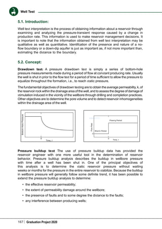 167 Graduation Project 2020
Well Test
5.1. Introduction:
Well test interpretation is the process of obtaining information about a reservoir through
examining and analyzing the pressure-transient response caused by a change in
production rate. This information is used to make reservoir management decisions. It
is important to note that the information obtained from well test interpretation may be
qualitative as well as quantitative. Identifcation of the presence and nature of a no-
ﬂow boundary or a down-dip aquifer is just as important as, if not more important than,
estimating the distance to the boundary.
5.2. Concept:
Drawdown test: A pressure drawdown test is simply a series of bottom-hole
pressure measurements made during a period of flow at constant producing rate. Usually
the well is shut in prior to the flow test for a period of time sufficient to allow the pressure to
equalize throughout the formation, i.e., to reach static pressure.
The fundamental objectives of drawdown testing are to obtain the average permeability, k, of
the reservoir rock within the drainage area of the well, and to assess the degree of damage of
stimulation induced in the vicinity of the wellbore through drilling and completion practices.
Other objectives are to determine the pore volume and to detect reservoir inhomogeneities
within the drainage area of the well.
Pressure buildup te:st The use of pressure buildup data has provided the
reservoir engineer with one more useful tool in the determination of reservoir
behavior. Pressure buildup analysis describes the buildup in wellbore pressure
with time after a well has been shut in. One of the principal objectives of
this analysis is to determine the static reservoir pressure without waiting
weeks or months for the pressure in the entire reservoir to stabilize. Because the buildup
in wellbore pressure will generally follow some definite trend, it has been possible to
extend the pressure buildup analysis to determine:
•	 the effective reservoir permeability;
•	 the extent of permeability damage around the wellbore;
•	 the presence of faults and to some degree the distance to the faults;
•	 any interference between producing wells;
 