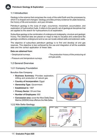 15 Graduation Project 2020
Petroleum Geology & Exploration
1.1 Introduction
Geology is the science that comprises the study of the solid Earth and the processes by
which it is shaped and changed. Geology provides primary evidence for plate tectonics,
the history of life and evolution, and past climates.
Petroleum geology is the study of origin, occurrence, movement, accumulation, and
exploration of hydrocarbon fuels. It refers to the specific set of geological disciplines that
are applied to the search for hydrocarbons & oil exploration.
Subsurface geology is the combination of underground stratigraphy, structure and geologic
history. The obtained data are placed on maps to help to visualize and understand the
geologic conditions underground and so we can locate wildcat wells and extension wells.
The objective of subsurface petroleum geology is to find and develop oil and gas
reserves. This objective is best achieved by the use and integration of all the available
data and the correct application of these data.
Data are obtained from:
- Geophysical surveys.
- Pressure and temperature surveys.
- The production history of the producing oil
and gas pools.
1.2 General Overview
1.2.1 Company Foundation
Burullus Gas Company
•	 Business Summary: Provides exploration,
drilling and production of natural gas.
•	 Country of Incorporation: Egypt
•	 Ownership Type: Government
•	 Established In: 1997
•	 Primary Sector: Oil and Gas
•	 Number of Employees: 650
•	 Concession area: cover the West Delta Deep
Marine (WDDM) Area offshore the Nile Delta.
1.2.2 Nile Delta Geology
 
