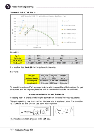 187 Graduation Project 2020
Production Engineering
The result IPR & TPR Plot is:
From Plot:
It is so clear that tbg 4.5-in is the optimum tubing size.
For Pwh:
To select the optimum Pwh, we need to know which one will be able to deliver the gas
to facilities with the required pressure. This is calculated via choke performance.
Choke Performance for well Simian Ds
Selecting 32/64 in choke and testing for downstream pressure via below equations:
The gas operating rate is more than the flow rate at minimum sonic flow condition
“6.14MMscd” so that we will use sonic flow equation:
The result downstream pressure is: 534.81 psia
 